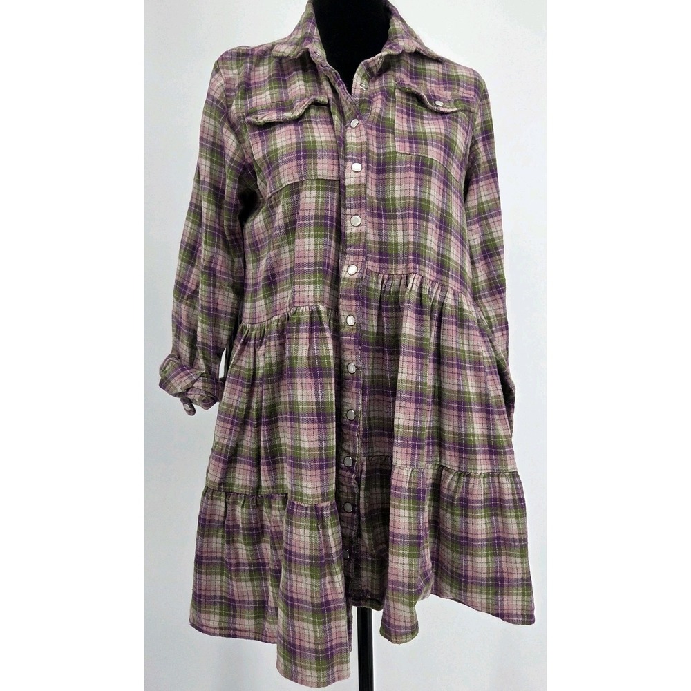 The Shirt Rochelle Behrens Plaid Flannel Babydoll Shirt Dress Large Pink Purple